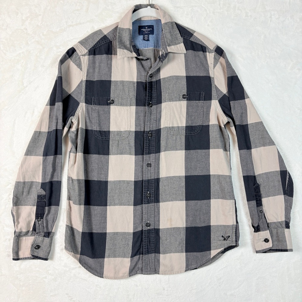 American Eagle Flannel Shirt Mens Medium Grey Cream Good Buffalo Plaid Classic